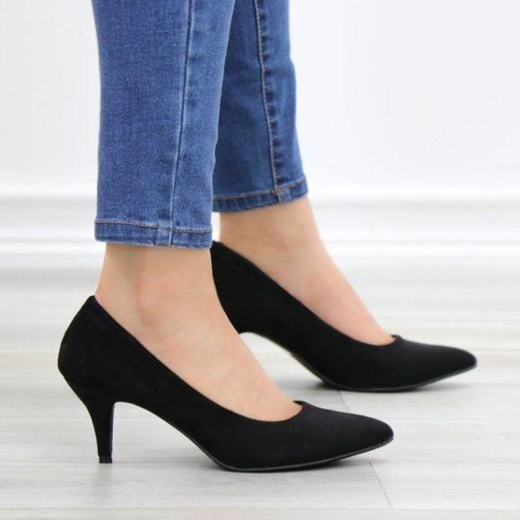 Black Suede Pointy Toe Kitten Low Heel Pumps - Picture 5 of 13